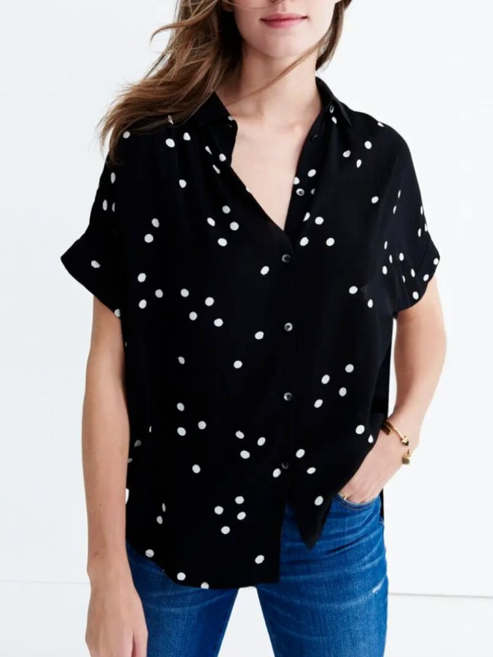 Madewell Central Drapey Shirt in Dot Toss Black & White Polka Dot Blouse xxs